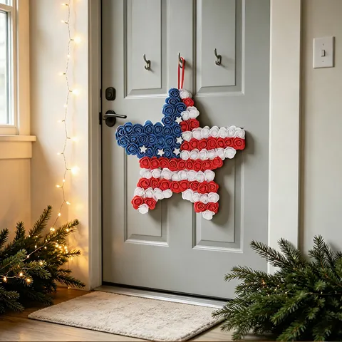 Independence Day Star Wreath Red White Blue Patriotic American Flag Style Foam Rose Door Wall Hanging Fourth Of July Celebration Decor