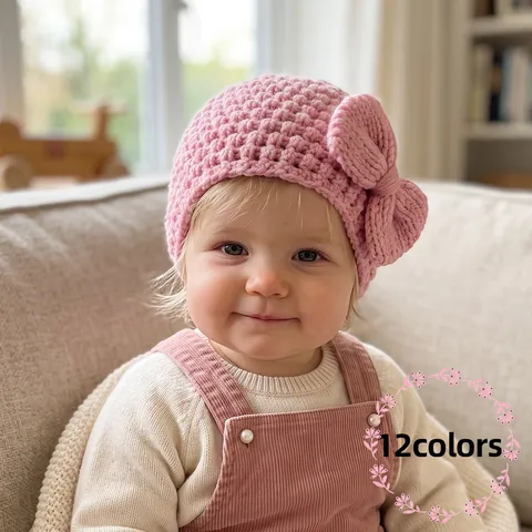 Soft Polyester Knit Infant Beanie Hat With Big Bow Solid Color Winter Warm Breathable Cap For Baby Girls Boys Toddlers