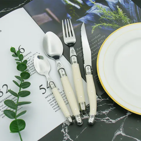 Laguiole Style Stainless Steel Cutlery Set Ivory White ABS Handle Mirror Polished Dinner Knife Fork Spoon Bee Logo Tableware