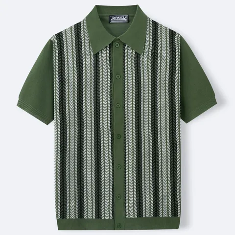 Men's Retro Striped Jacquard Knit Polo Cardigan Short Sleeve Viscose Breathable Button Down Casual Top For Summer