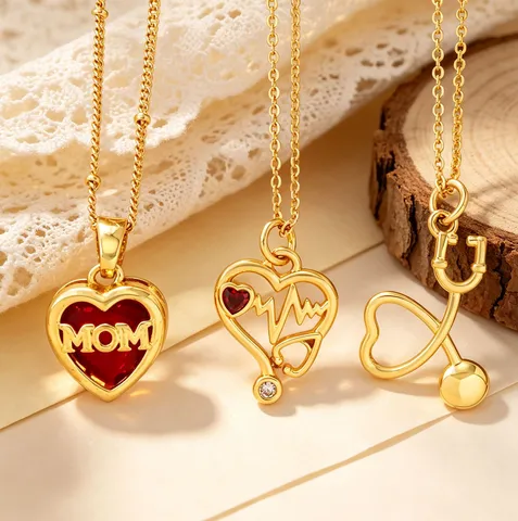 Mode Messing 18K Vergoldet Zirkonia Herz Stethoskop EKG Halskette MOM Krankenschwester Hut Medizinischer Anhänger Schmuck Für Damen