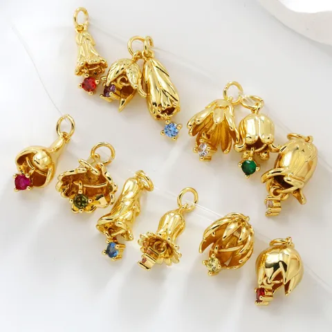 18K Gold Plated Brass Birth Month Flower Charm Pendants Birthstone Zirconia Inlaid Pendants For DIY Necklace Jewelry Making Accessories For Women Gift