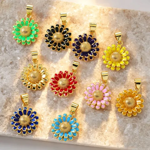 Brass Gold Plated Sunflower Pendant Drip Oil Flower Charm For Women DIY Necklace Making Jewelry Accessory Pastoral Style
