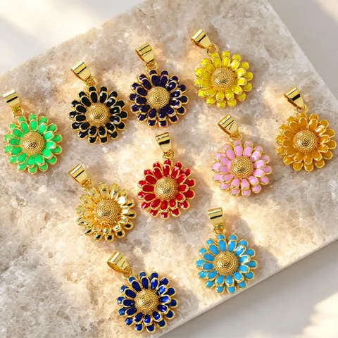 Brass Gold Plated Sunflower Pendant Drip Oil Flower Charm For Women DIY Necklace Making Jewelry Accessory Pastoral Style