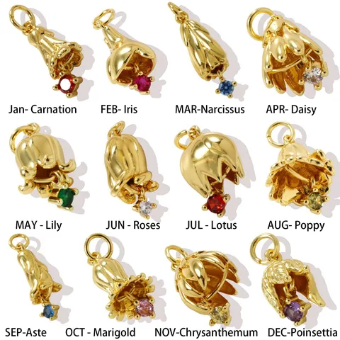 18K Gold Plated Brass Birth Month Flower Charm Pendants Birthstone Zirconia Inlaid Pendants For DIY Necklace Jewelry Making Accessories For Women Gift