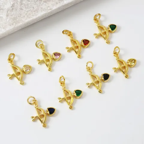 Brass Gold Plated Cupid Arrow Heart Zirconia Pendant DIY Birthstone Charms For Necklace Jewelry Making Women Valentine Gift
