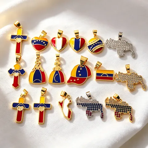 Pendente in Rame Placcato Oro 18K a Forma di Bandiera Mappa Croce Cuore Cappello del Venezuela con Strass e Smalto per Fai-da-te Gioielli