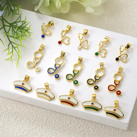 Copper Enamel Nurse Hat Stethoscope Charms For DIY Necklace Bracelet Making Medical Theme Rhinestone Pendants Jewelry Accessories
