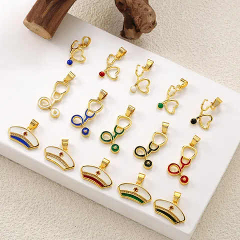 Copper Enamel Nurse Hat Stethoscope Charms For DIY Necklace Bracelet Making Medical Theme Rhinestone Pendants Jewelry Accessories