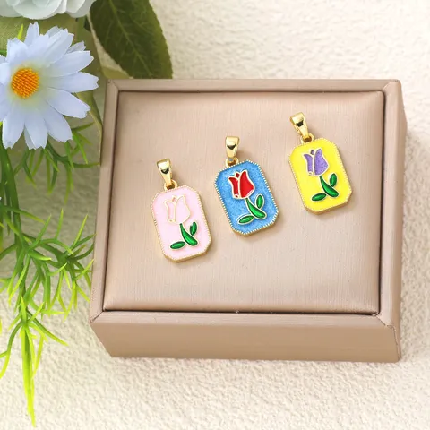 Ciondolo Carta dei Tarocchi in Rame e Smalto Senza Catena Tulipan Conchiglia Fiore Charm Accessori per Creazione Gioielli DIY Collana Donna