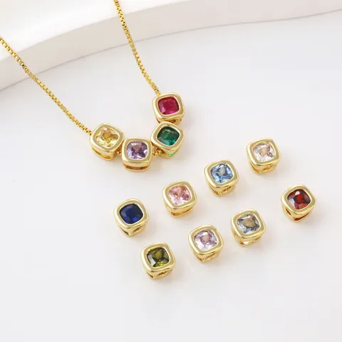 Brass Zirconia Geometric Square Birthstone DIY Beads Gold Plated Birthstone Jewelry Findings For Necklace Bracelet Making Women