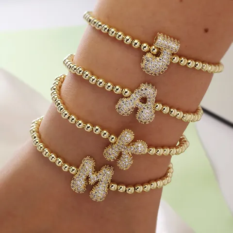 Minimalist Kupfer Perlenarmband Mit Strass Pavé Anfangsbuchstabe Anhänger Charme Galvanisiert Modeschmuck Für Damen