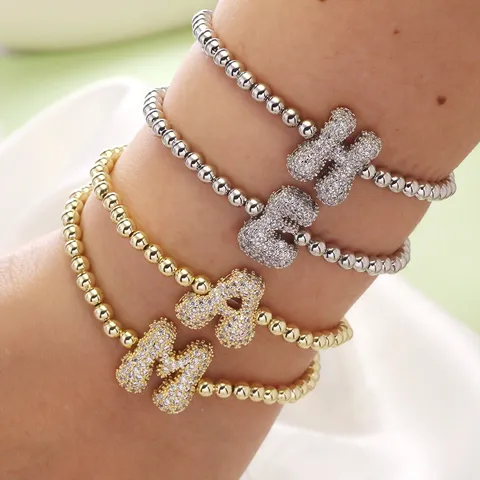Minimalist Kupfer Perlenarmband Mit Strass Pavé Anfangsbuchstabe Anhänger Charme Galvanisiert Modeschmuck Für Damen