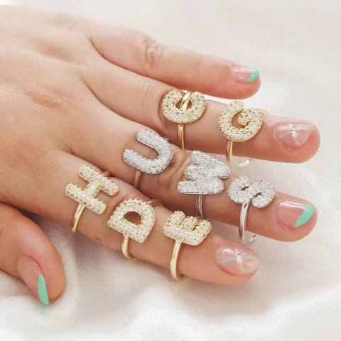 Kupfer Mikroeingelegte Strass 26 Englische Buchstaben Initial Offener Ring Verstellbare Mode Trendy Fingerring Damen