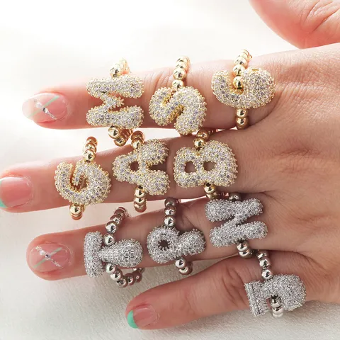 Kupfer Buchstabe Offenring Zirkonia Verstellbar Elastischer Perlenring Gold Silber Plattiert Alphabet Fingerring Für Damen