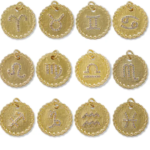 18K Gold Plated Copper Rhinestone Zodiac Sign Round Coin Pendant Charms For DIY Necklace Bracelet Jewelry Making For Women