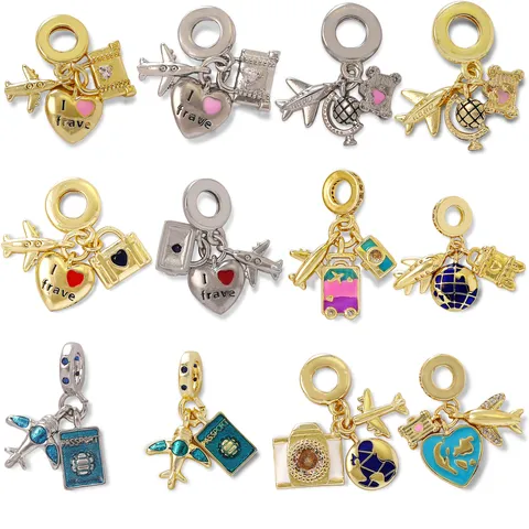 DIY Jewelry Charms Travel Theme Gold Plated Copper Drip Oil Airplane Earth Heart Camera Passport Pendants Jewelry Making Women