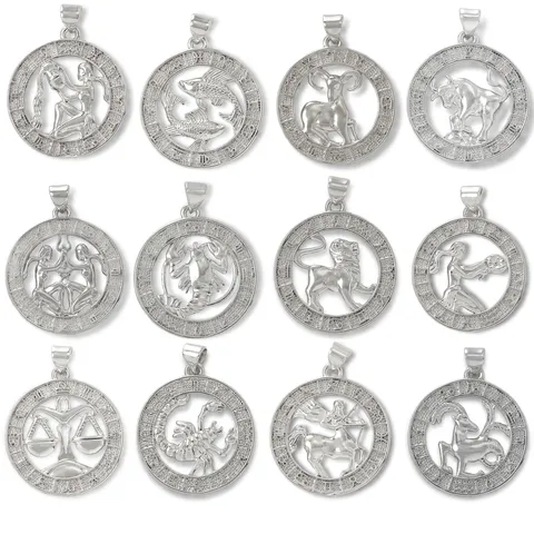 Copper Zodiac Hollow Out Pendant Necklace Charms For DIY Jewelry Making Accessories Silver Plated Constellation Circular Pendant Women Gift
