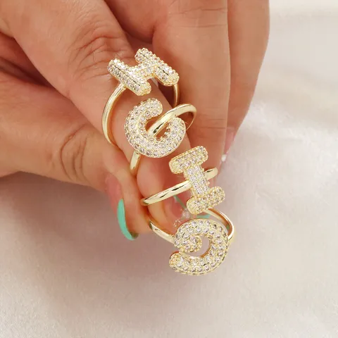 Kupfer Mikroeingelegte Strass 26 Englische Buchstaben Initial Offener Ring Verstellbare Mode Trendy Fingerring Damen