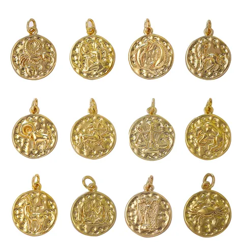 DIY Retro Round Zodiac Constellation Copper Pendant 18k Gold Plated Charm For Necklace Jewelry Making Accessories