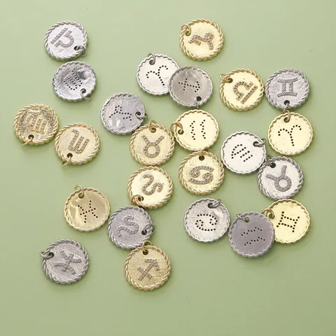 Copper Micro Inlaid Zirconia Twelve Constellation Coin Pendant For Necklace Bracelet DIY Jewelry Accessories Round Zodiac Charm