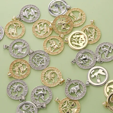 Copper Zodiac Hollow Out Pendant Necklace Charms For DIY Jewelry Making Accessories Silver Plated Constellation Circular Pendant Women Gift