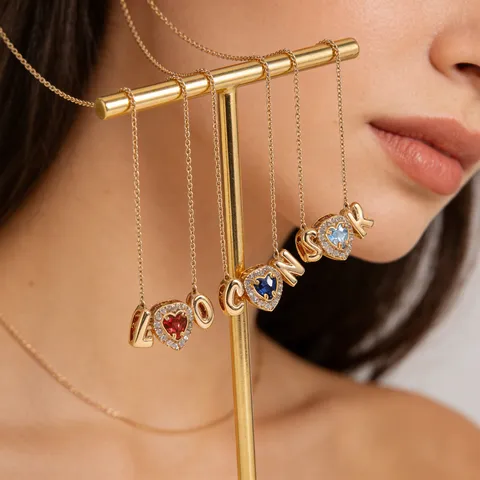 Mode Herz Geburtsstein Und Buchstabe Anhänger Halskette Kupfer Gold Silber Beschichtet Strass Schmuck Geschenk Für Damen