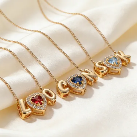 Mode Herz Geburtsstein Und Buchstabe Anhänger Halskette Kupfer Gold Silber Beschichtet Strass Schmuck Geschenk Für Damen