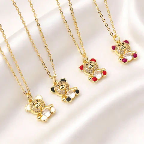 Cute Rhinestone Teddy Bear Pendant Necklace Gold Plated Animal Necklace For Women Fashion Light Luxury Enamel Jewelry Neckband