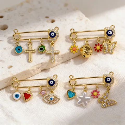 Retro Evil Eye Cross Heart Pendant Copper Rhinestone Enamel Safety Pin Brooch Versatile Sweet Cool Fashion Jewelry
