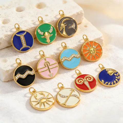 Vintage Copper Rhinestone Zodiac Charm Pendant Oil Dripping Round Constellation Medallion For Necklace Bracelet Making Craft DIY Jewelry Findings