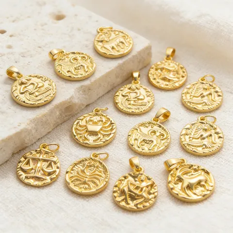 Vintage 12 Zodiac Signs Relief Round Coin Charms Gold Plated Alloy Pendants For DIY Necklace Jewelry Making Accessories