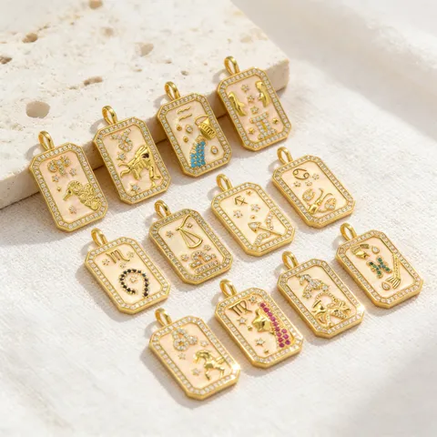 Vintage Tarot Zodiac Sign Pendant Charms For Jewelry Making DIY Necklaces Earrings Copper Rhinestone Rectangular Tarot Card Charms
