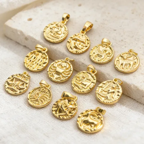 Vintage 12 Zodiac Signs Relief Round Coin Charms Gold Plated Alloy Pendants For DIY Necklace Jewelry Making Accessories