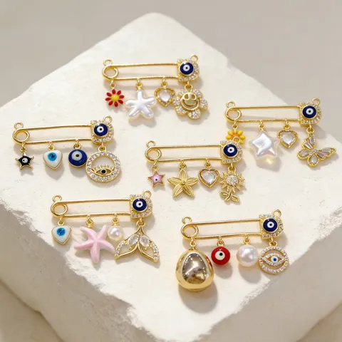 Vintage European Evil Eye Pendants Gold Plated Copper Safety Pin Charms With Rhinestone Artificial Pearl DIY Jewelry Accessories