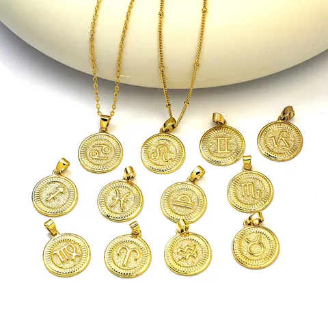 Copper Zodiac Constellation Pendant DIY Jewelry Accessories Retro Round Horoscope Charm Gift For Necklace Making