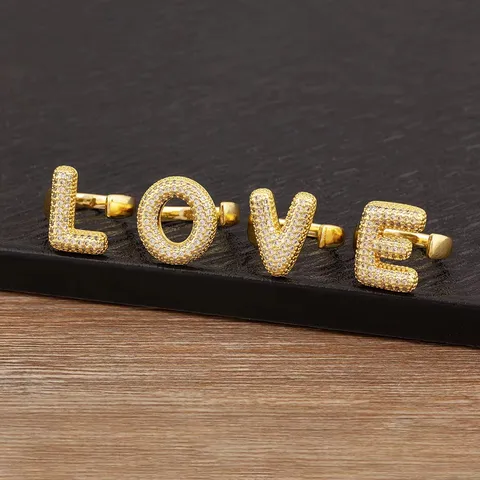18K Gold Plated Copper Balloon Alphabet Ring For Women Puffy Letter Zirconia Inlaid Open Adjustable Finger Ring Jewelry