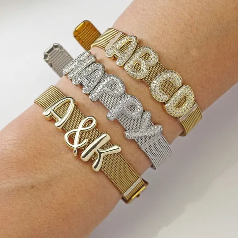 Etsy Hot Selling Kupfer Mikro Inset Zirkonia Puffy Buchstabe Glatter Buchstabe Mesh Armband Mode Schmuck Geschenk