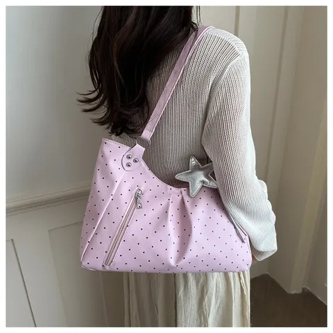 Women's Casual Polka Dot Tote Bag Large Capacity PU Leather Shoulder Bag With Metal Star Pendant Commuter Handbag