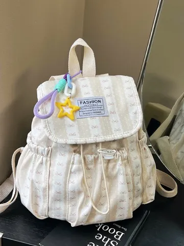 Sac à Dos en Toile Décontracté pour Femme Mignon Cartable Rayé avec Rabat à Cordon Sac de Voyage avec Pendentif