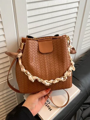 Damen Retro Gewebte Eimerbeutel PU Leder Schulter Umhängetasche Kette Seidenschal Handtasche Pendler Lässige Tragetasche