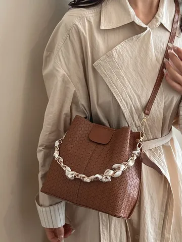 Damen Retro Gewebte Eimerbeutel PU Leder Schulter Umhängetasche Kette Seidenschal Handtasche Pendler Lässige Tragetasche