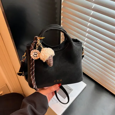 Korean Style Minimalist Suede Handbag For Women Fashion Commuter Casual Shoulder Crossbody Bag With Cute Pendant