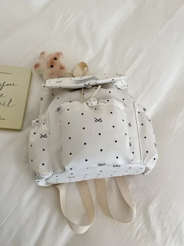 Sac à Dos Décontracté en Toile pour Femmes Pois Nœud Cordon Sac d'École Voyage Daypack Mode Joli Sac