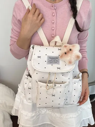 Sac à Dos Décontracté en Toile pour Femmes Pois Nœud Cordon Sac d'École Voyage Daypack Mode Joli Sac