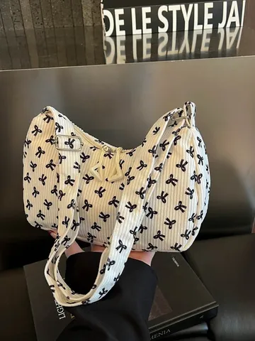 Fashion Corduroy Underarm Bag Cute Floral Bow Print Handbag Casual Tote Bento Bag Daily Travel Women Shoulder Bag