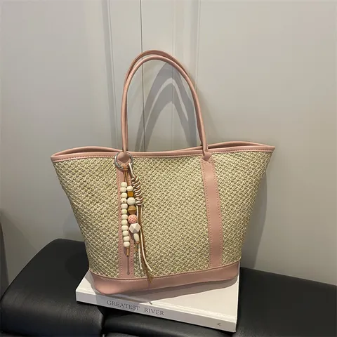 Womens Straw Woven Tote Bag PU Leather Patchwork Casual Summer Beach Shoulder Bag Travel Handbag Top