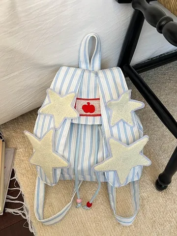 Cute Rabbit Ear Canvas Backpack Casual Striped School Bag Large Capacity Commuter Backpack With Plush Star Decor