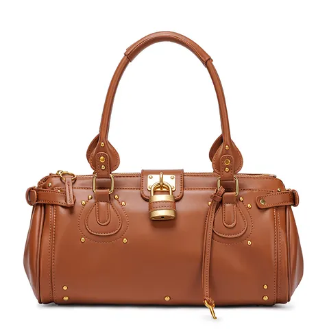 Bolso de Moto Boston Retro Vintage con Cerradura Mujer Cuero Sintético Asa Superior Bolso de Hombro Decorado con Remaches