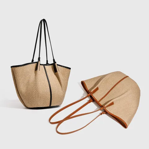 Bolso Tote Tejido de Rafia para Mujer Gran Capacidad Vacaciones en la Playa Bolso Cubo Casual Ribete de Cuero Bolso de Hombro